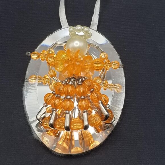 Vintage Beaded Angel Ornament Mirror 3" Pearl Handmade with Safety Pins Orange - Picture 5 of 5
